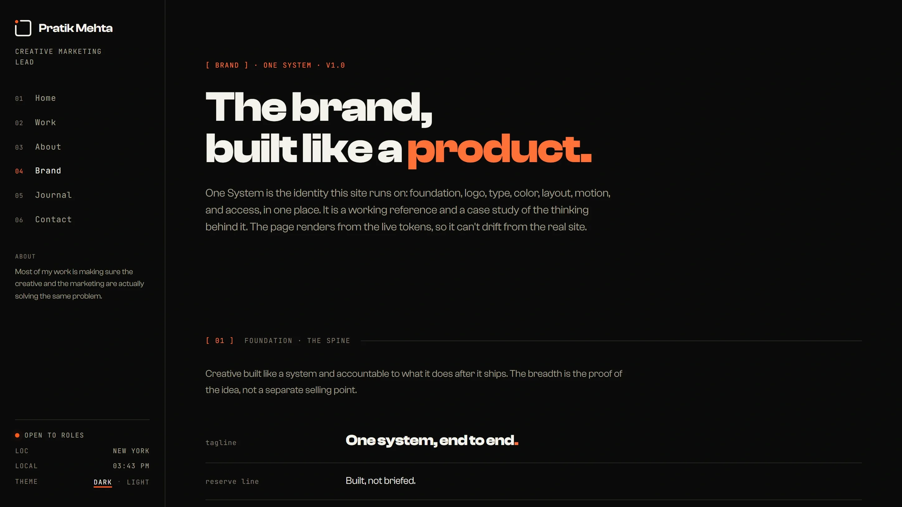 Brand and design-system page, dark theme