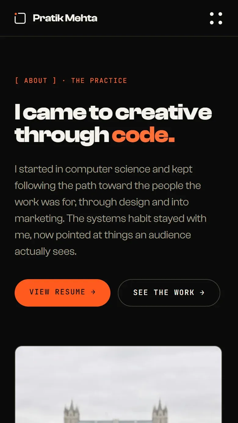 About page on mobile, dark theme