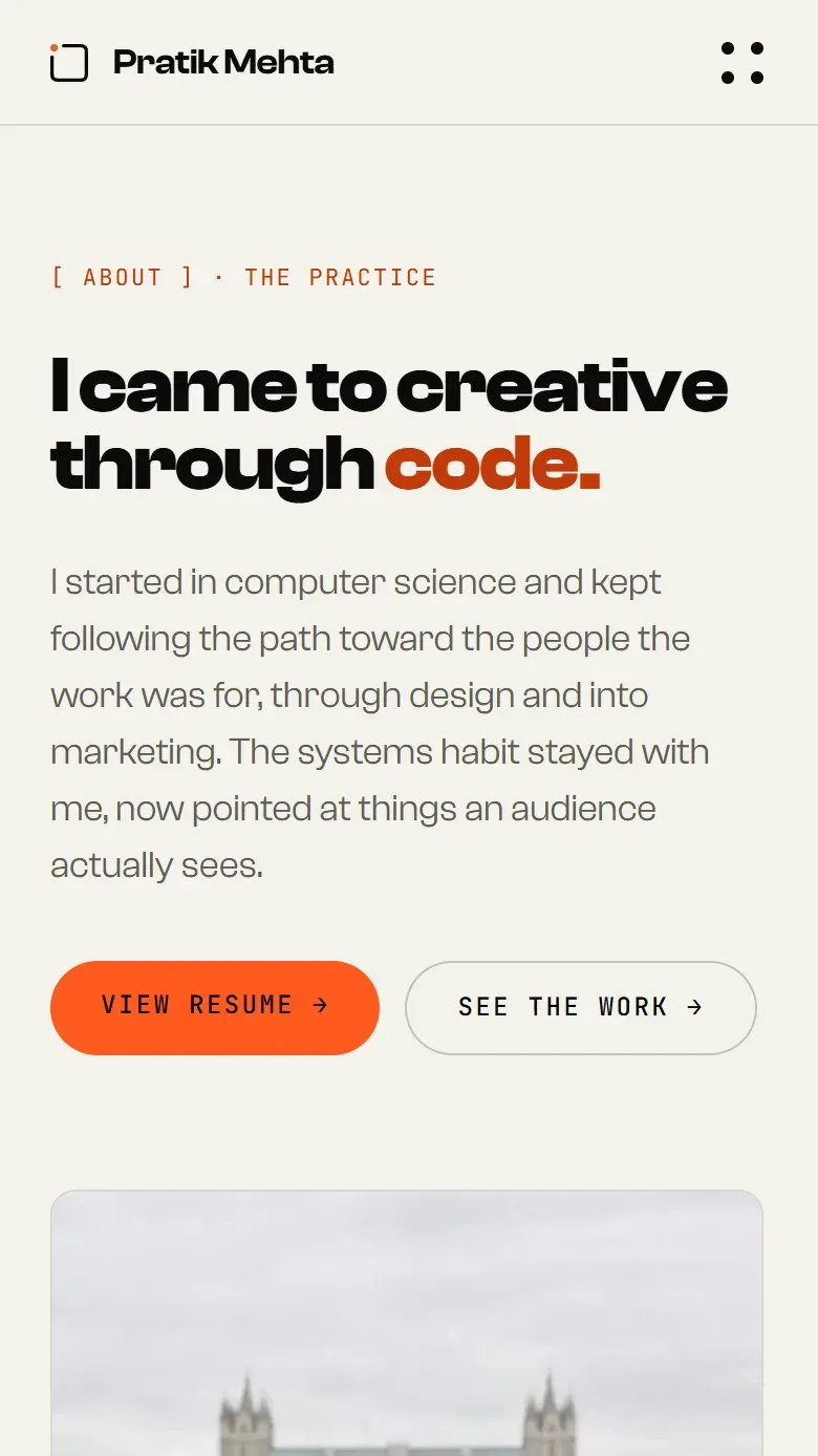 About page on mobile, light theme