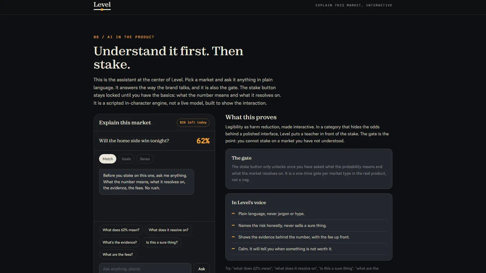Explain this market / understanding gates the stake (scripted)