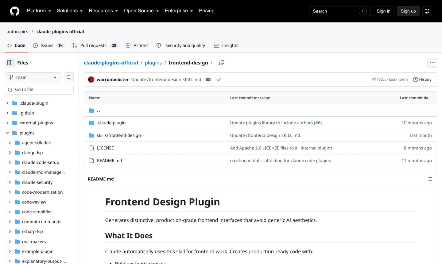 Tangkapan Layar Repositori Resmi Anthropic claude-plugins-official untuk Plugin frontend-design